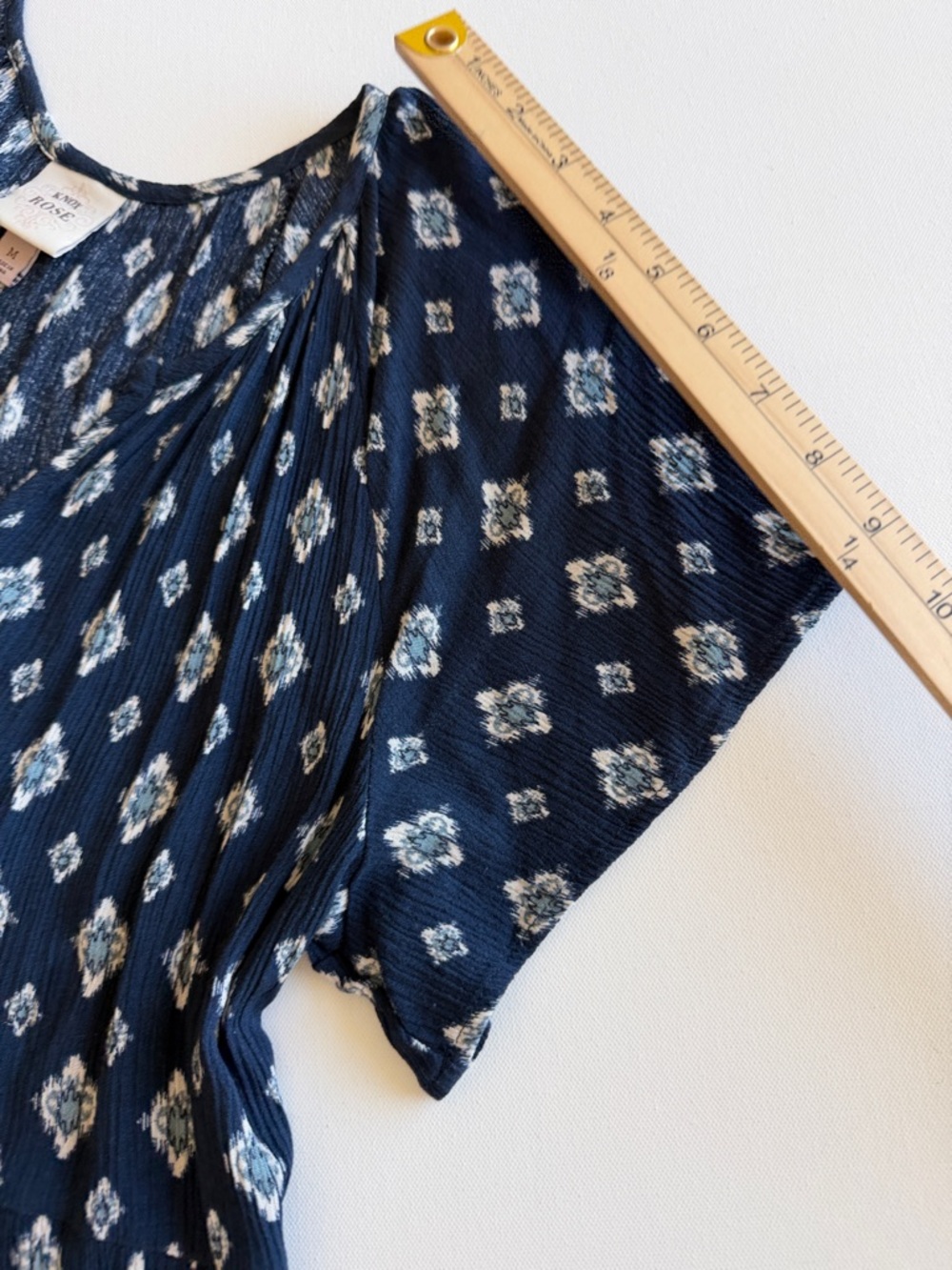 Knox Rose Boho Mini Dress Navy Blue Print Flutter Sleeve Peasant Pockets M - Picture 8 of 10